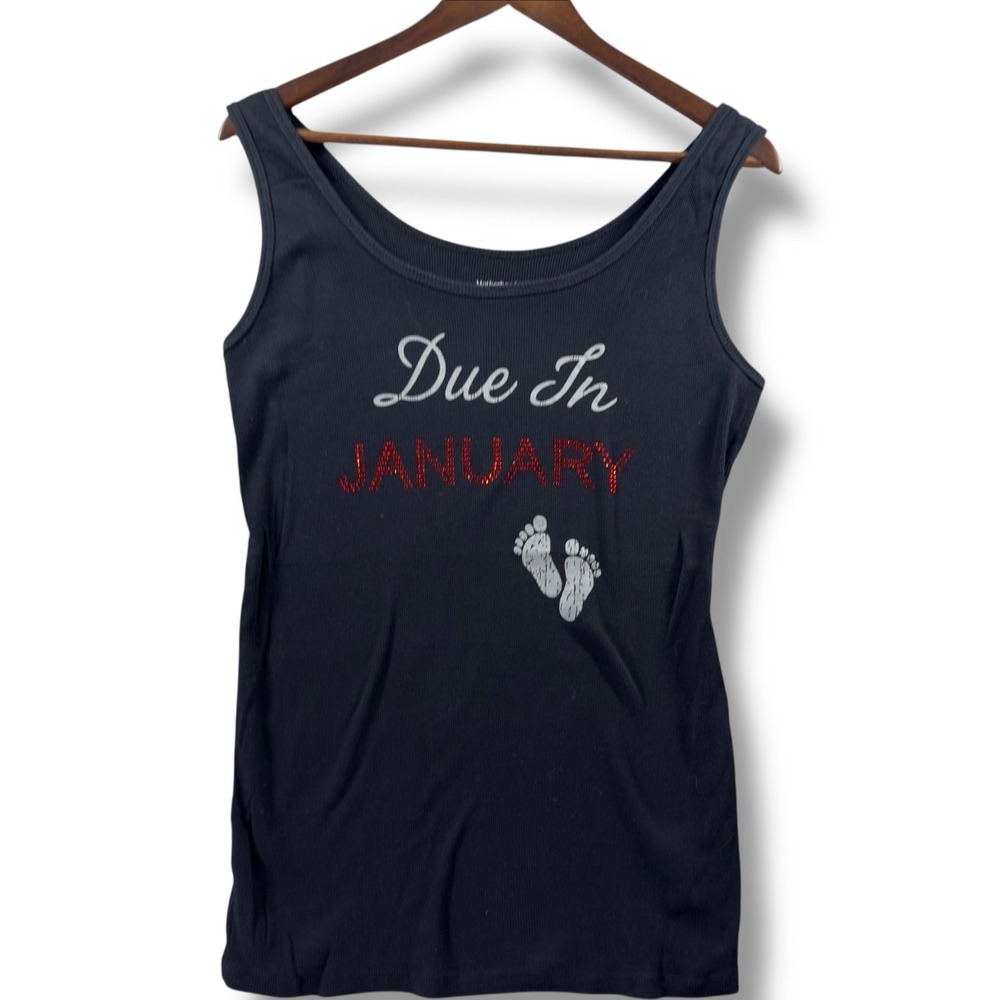 Motherhood Maternity Due In January Tank Top XL Black Rhinestone Baby Feet